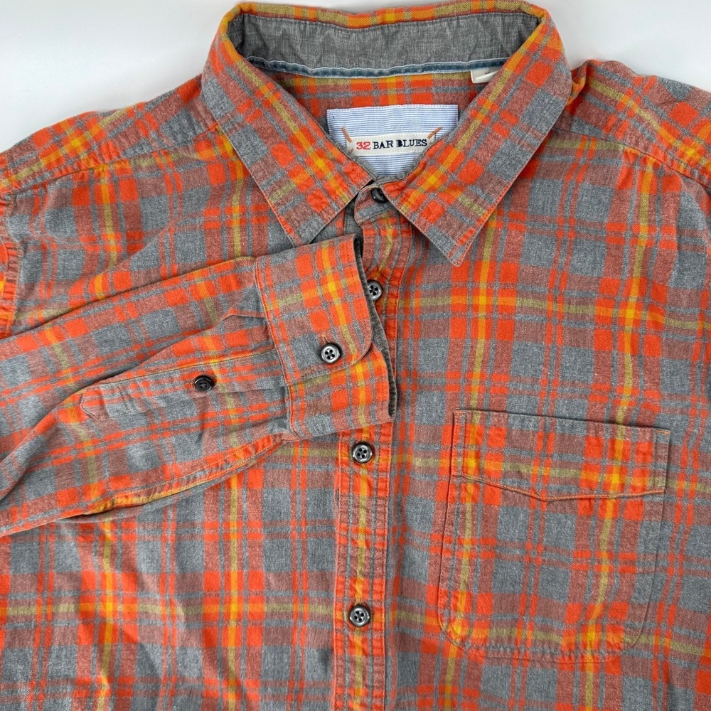 32 Bar Blues Flannel Shirt Mens XL Orange Grey Plaid Long Sleeve Cotton Button